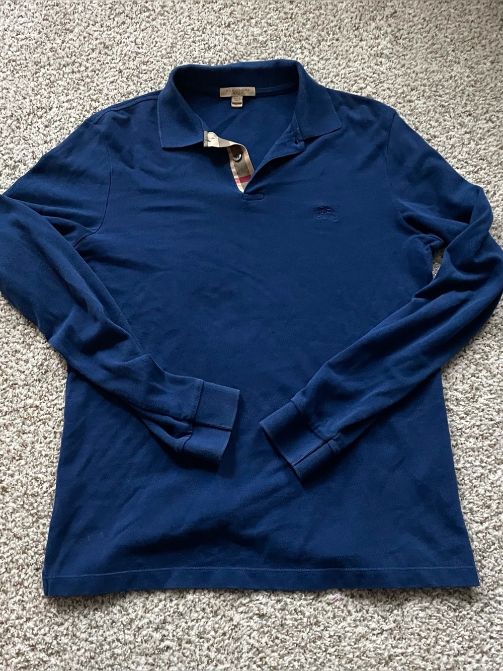 Burberry Navy Long Sleeve Polo with Signature Placket